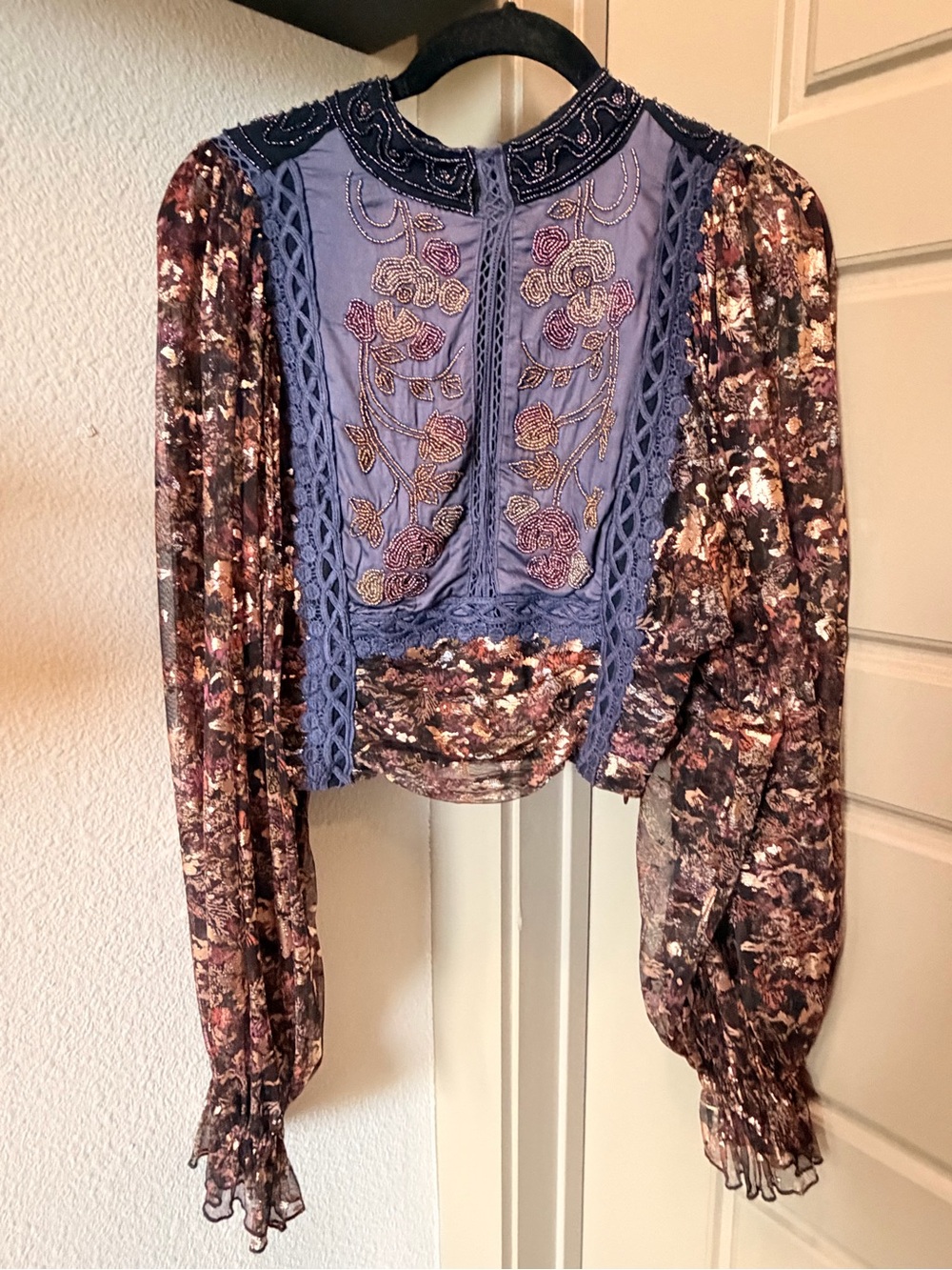 Free People Camille Top | Embroidered, beaded, metallic mesh extravaganza sleeve - Picture 4 of 12